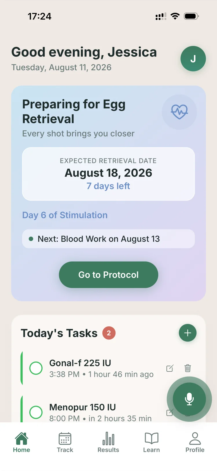 Blasto home screen showing an egg retrieval countdown and today's medication tasks