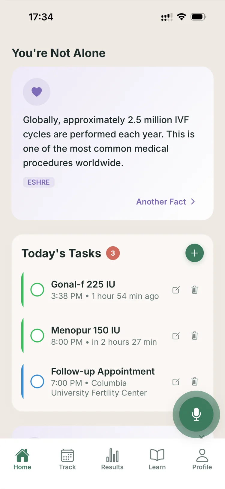 Blasto home screen with today's medication tasks and reminders