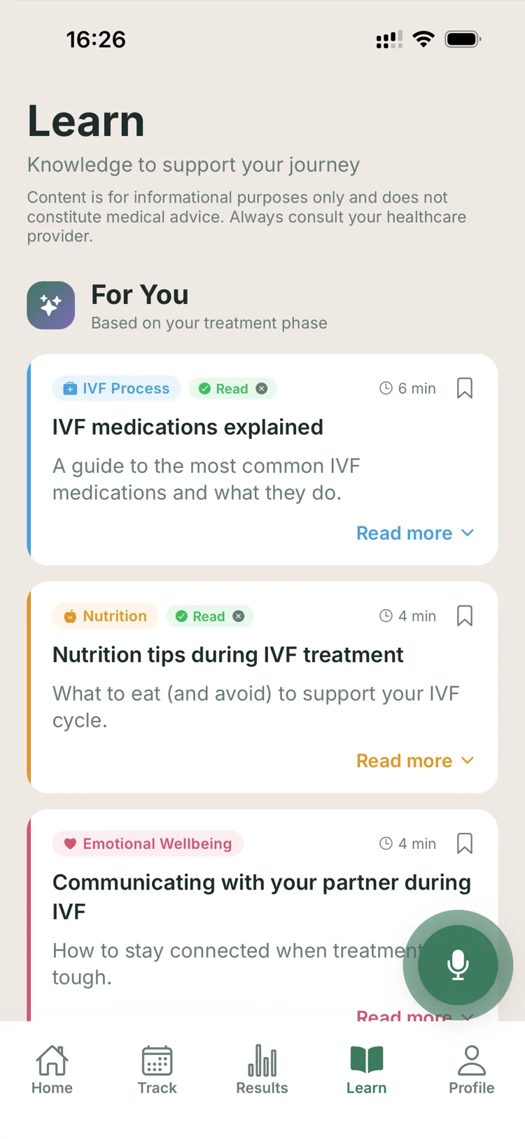 Blasto learn screen with articles matched to your treatment phase