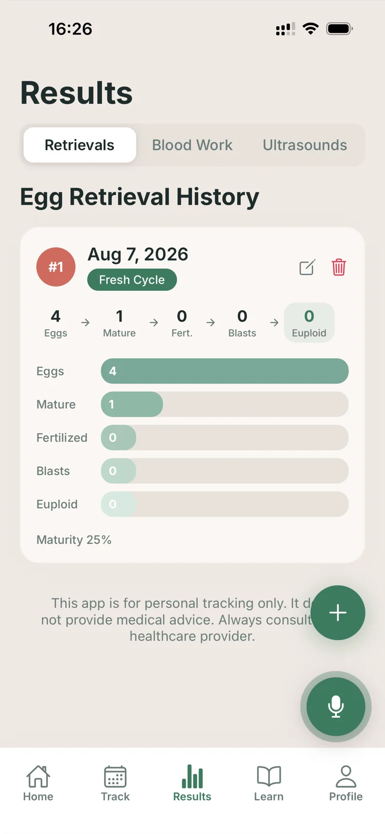 Blasto results screen showing an egg retrieval funnel chart