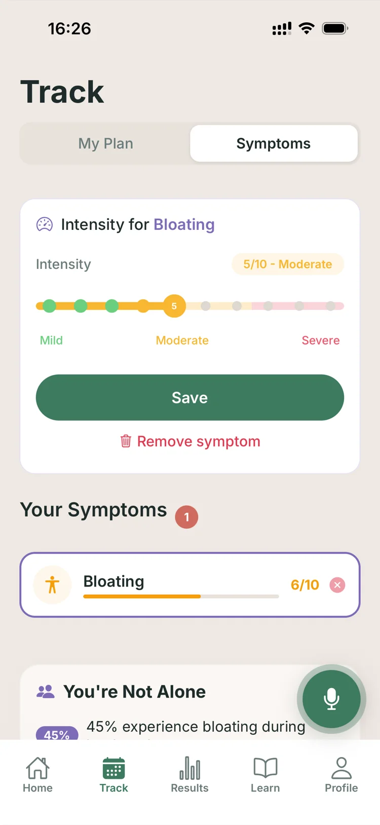 Blasto symptom tracking screen with intensity slider